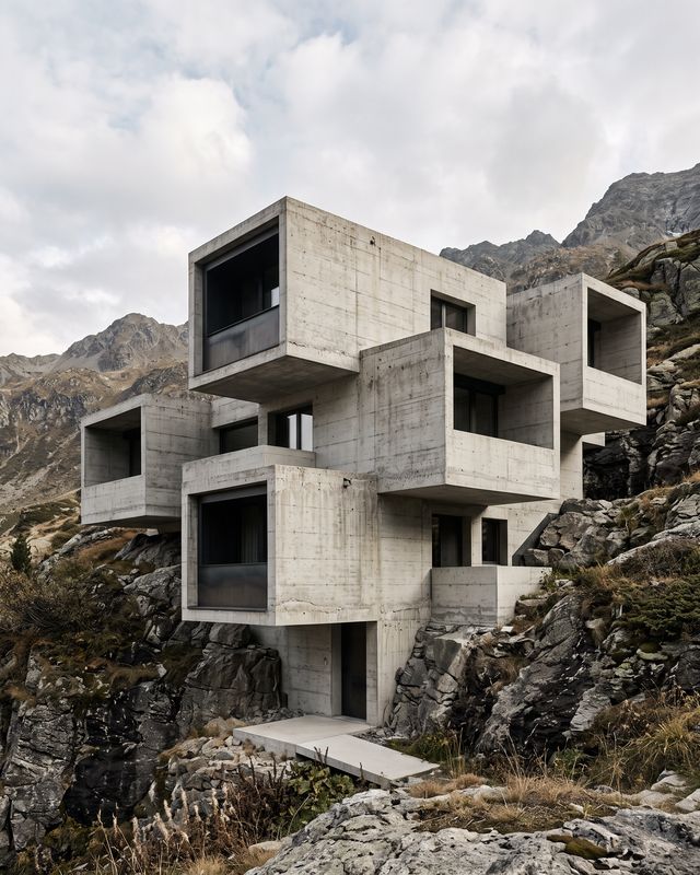 Maison en béton faite de volumes empilés, ancrée dans une pente rocheuse de montagne