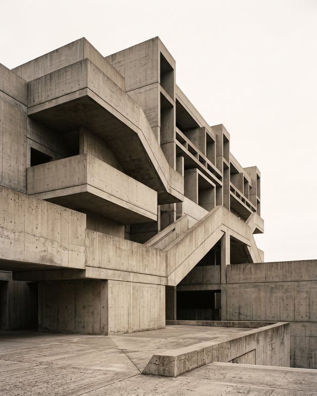 Bâtiment brutaliste en béton brut : volumes en porte-à-faux empilés, lumière rasante