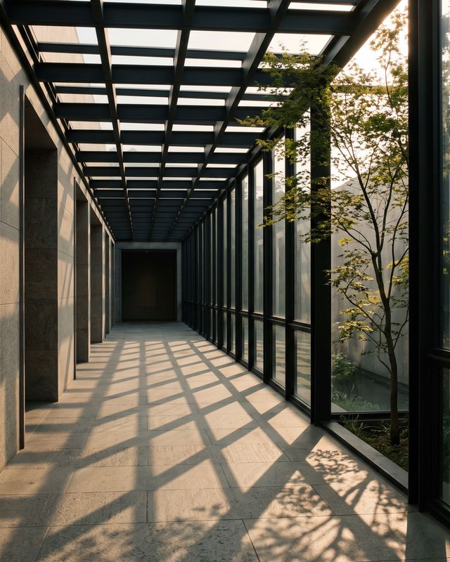 Passage couvert en acier noir et verre, ombres quadrillées au sol, érable dans la cour