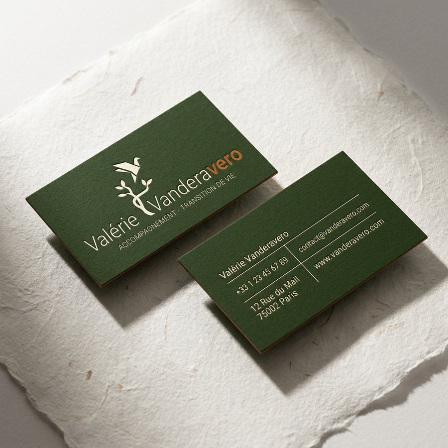 Mockup carte de visite Valérie Vanderavero, recto et verso, sur papier texturé