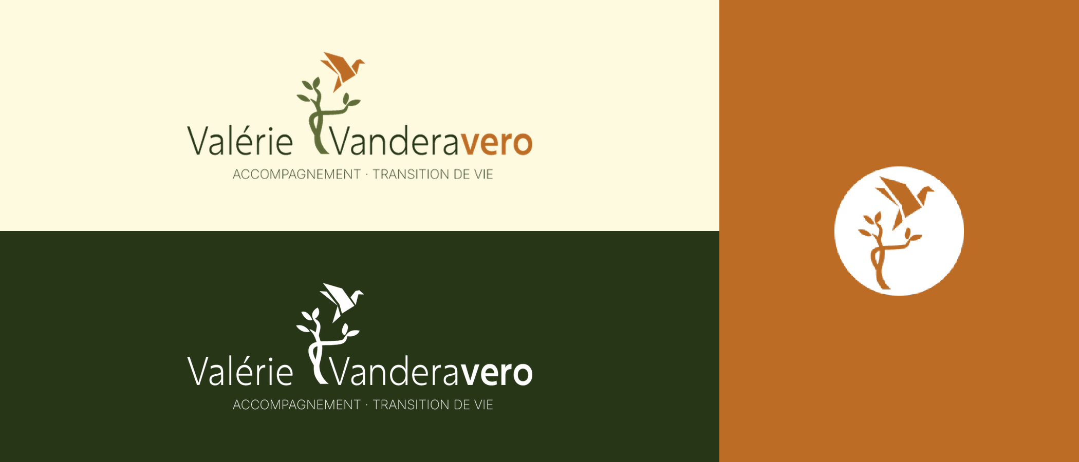 Logo Valérie Vanderavero en 3 usages : version principale sur fond clair, version blanche sur fond sombre, tampon seul sur fond copperwood