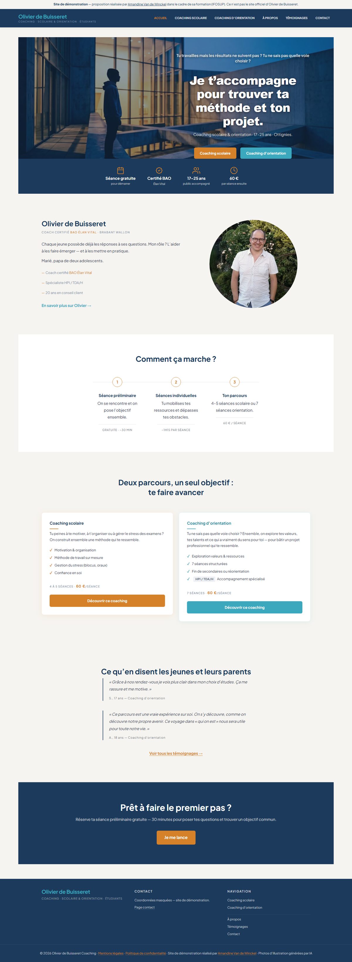 Page d'accueil du site de démonstration Olivier Coaching, desktop, page complète