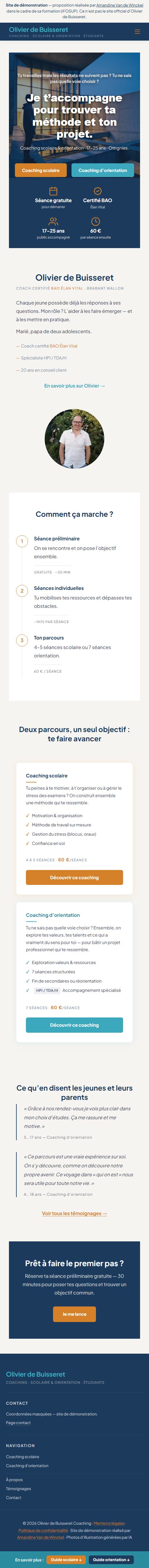 Page d'accueil du site de démonstration Olivier Coaching, mobile, page complète