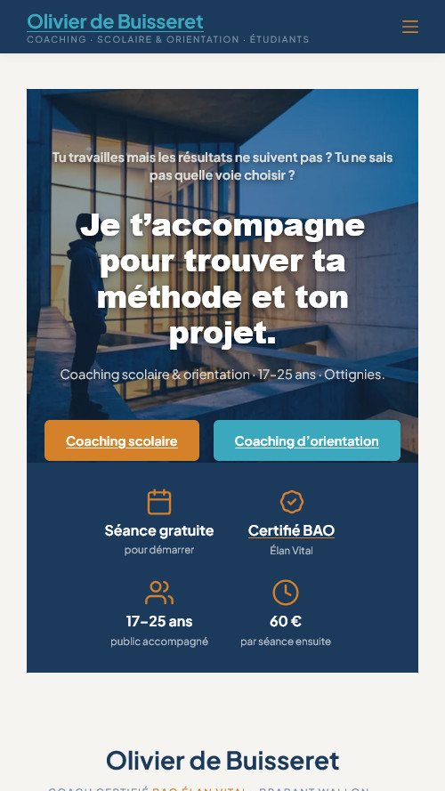 Site Olivier Coaching sur mobile, section d'accueil